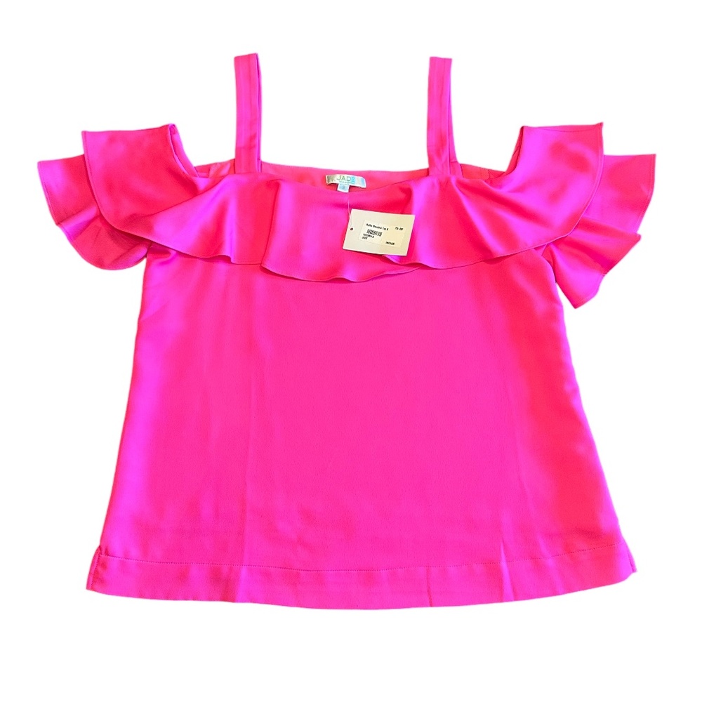 Jade Hot Pink Silky Ruffle Shoulder Camisole Blouse, Size Small